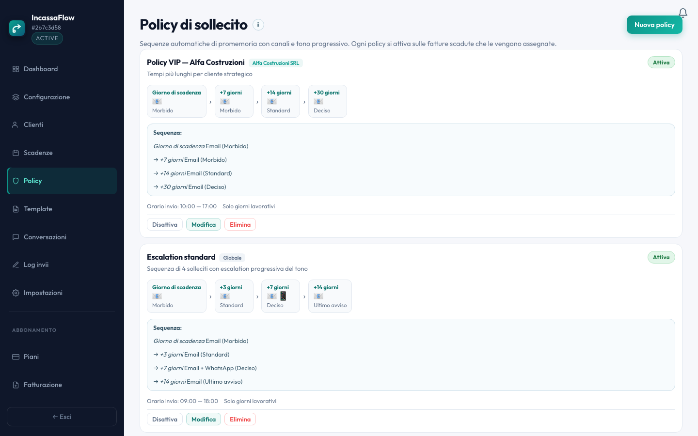 Policy di sollecito automatico con escalation progressiva